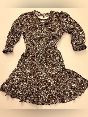 NWT LOFT Brown White Dot Print Puff Sleeve Tiered Mini Dress XS